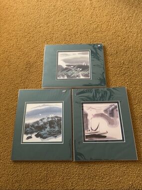 Framed Coastal Art Prints in Green Matting - Set of 3